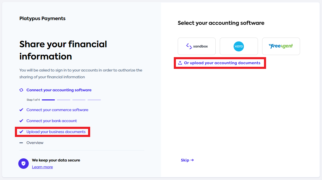 Link platform selection view with accounting and business files upload enabled